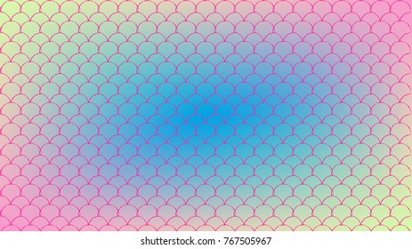 Squama on trendy gradient background. Horizontal backdrop with squama ornament. Bright color transitions. Mermaid tail banner and invitation. Underwater sea pattern. Rainbow colors.