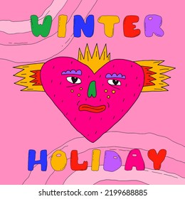 square 1970 psychedelic poster. card with heart, valentine.1990s abstract characters for the new year.00s modern naive art.Fell good faded placard.retro funky christmas.Publication on social media	