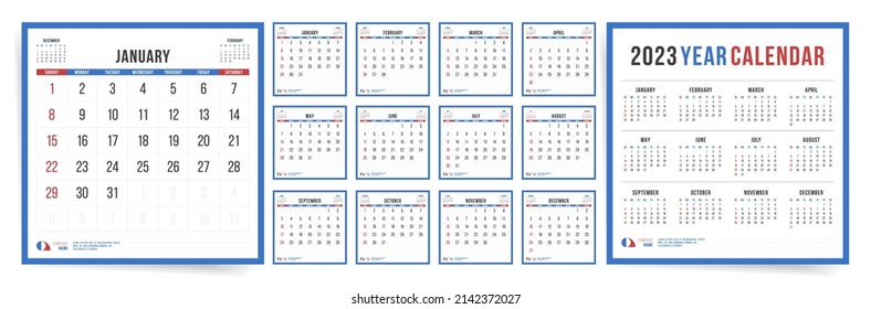 Calendario cuadrado 2023. Plantilla de vectores. 