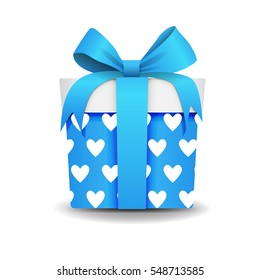 Square 3D Gift Box with Ribbon and Bow Isolated on Background. With hearts pattern