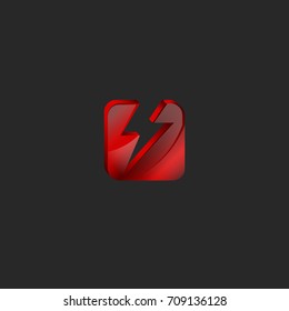 Square 3d logo in red glass or shiny gem broken into two parts in the form of lightning 3d tech icon