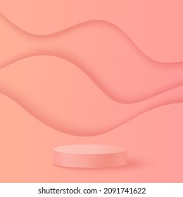 Square 3d scene display product showcase mockup. Round cylinder pedestal podium stand on peachy pink abstract wavy background. Modern abstract vector background, minimal motion 3d render presentation.