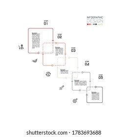 Quadrat 5 Schritte verwenden mit einer klaren Erklärung wie Erläuterung Schritt des Arbeitsplans, Bildung, Geschäft nach Vektorstrich Linie Infografik.