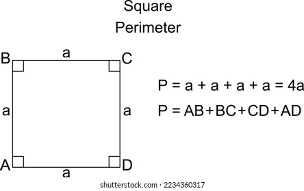 Square ABCD perimeter formula. A square is a special case of a rhombus (equal sides, opposite equal angles). Vector.