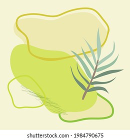 Square abstract background in green shades with a branch. Hand-drawn twig on the backdrop of spots with copy space. Simple, minimal style, trendy vector design, template for poster, cover, flyer