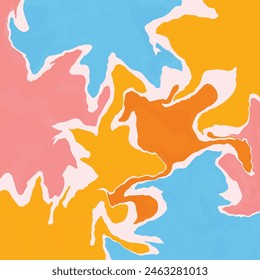 A square abstract background illustration with several curvy hand drawn shapes (pink, orange, yellow, blue) located tightly to each other on the light pastel background.