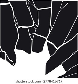 A square abstract background with large broken fragments, cracks, and an empty hole, in black and white. Broken surface, destruction, impact, breakage. Vector grunge style. Realistic.