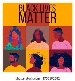 Square abstract banner with black American citizens’ avatars. Black lives matter concept with young men and women in cartoon flat style. No racism concept with multinational people 