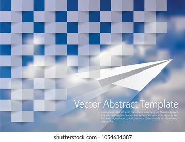 square abstract blue texture, 3d vector template with paper plane and clouds in background