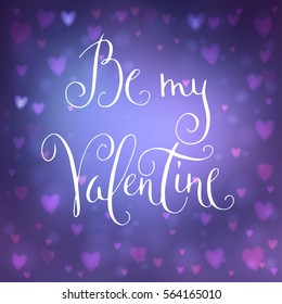 Square abstract blur blue background with heart-shaped lights over it and hand written Valentine's day greetings.