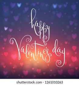 Square abstract blur blue and red background with heart-shaped lights over it and hand written Valentine's day greetings. Vector illustration.