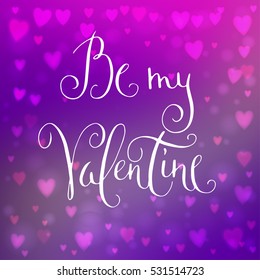 Square abstract blur purple background with heart-shaped lights over it and hand written Valentine's day greetings.