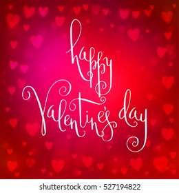 Square abstract blur red background with heart-shaped lights over it and hand written Valentine's day greetings.