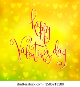 Square abstract blur yellow background with heart-shaped lights over it and red hand written Valentine's day greetings.