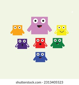 Square abstract cartoon faces with various emotions. Different colorful characters crayon drawing style, cartoon style, flat design, hand drawn trendy vector illustration.