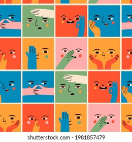 Square abstract comic Faces with various Emotions and hand gestures. Different colored characters. Cartoon style. Flat design. Hand drawn trendy Vector seamless Pattern. Background, wallpaper template