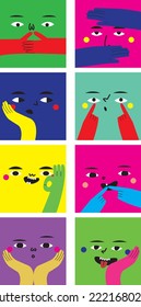 Square abstract comic faces with various emotions and gestures. Characters of different colors. cartoon style. flat design. Hand drawn stylish vector illustration. each face is isolated