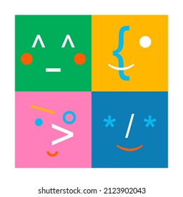 Square abstract faces with different emotions from font glyphs. Сolorful set. Flat design.