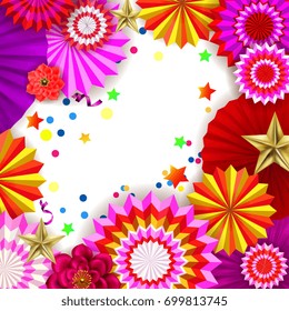 Square abstract festive background with hanging paper fans, flowers and golden stars