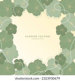 Viereckiger abstrakter floraler Hintergrund mit zarten grünen Blumen und goldener Umrisslinie. Feiner Hintergrund für Dekoration, Postkarten, Diplome, Visitenkarten, Cover. Hintergrund für Foto und Text.