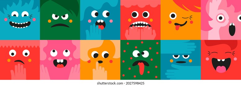 Square abstract funny, cute, comic faces. Cartoon creatures. Colorful characters. Different faces with emotions. Flat style trendy vector illustration.