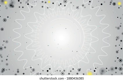 Marco abstracto cuadrado futurista de círculos tecnológicos negros, arcos y curvas. Algunos puntos son amarillos. Ilustración vectorial sobre fondo blanco con estrellas