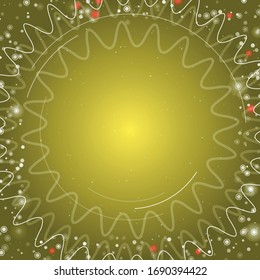 Marco abstracto cuadrado futurista de círculos tecnológicos blancos, arcos y curvas. Algunos puntos son rojos. Ilustración del vector sobre fondo amarillo con estrellas