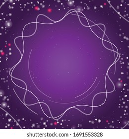 Square abstract futuristic frame of white technological circles, arcs and curves. Some dots is pink. Vector illustration on purple background with stars