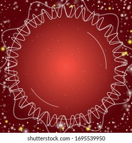 Square abstract futuristic frame of white technological circles, arcs and curves. Some dots is yellow. Vector illustration on red background with stars