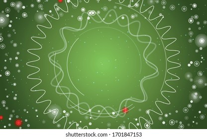 Marco abstracto cuadrado futurista de círculos tecnológicos blancos, arcos y curvas. Algunos puntos son rojos. Ilustración de vectores sobre fondo verde claro con estrellas