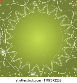 Square abstract futuristic frame of white technological circles, arcs and curves. Some dots is red. Vector illustration on lime background with stars