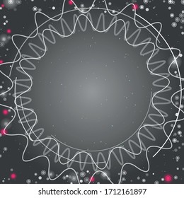 Square abstract futuristic frame of white technological circles, arcs and curves. Some dots is pink. Vector illustration on grey background with stars