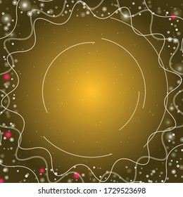 Marco abstracto cuadrado futurista de círculos tecnológicos blancos, arcos y curvas. Algunos puntos son rosas. Ilustración del vector sobre fondo ámbar con estrellas