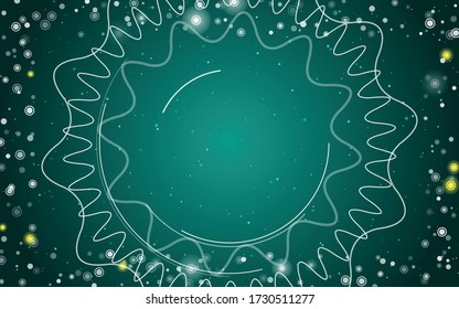 Marco abstracto cuadrado futurista de círculos tecnológicos blancos, arcos y curvas. Algunos puntos son amarillos. Ilustración vectorial en el fondo de la bandeja con estrellas