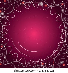Square abstract futuristic frame of white technological circles, arcs and curves. Some dots is red. Vector illustration on pink background with stars