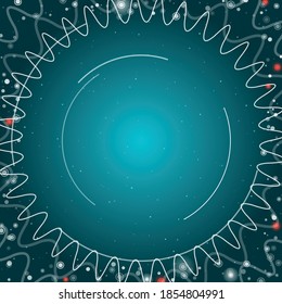 Square abstract futuristic frame of white technological circles, arcs and curves. Some dots is red. Vector illustration on cyan background with stars