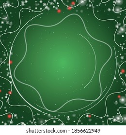 Square abstract futuristic frame of white technological circles, arcs and curves. Some dots is red. Vector illustration on green background with stars