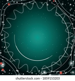 Square abstract futuristic frame of white technological circles, arcs and curves. Some dots is red. Vector illustration on teal background with stars