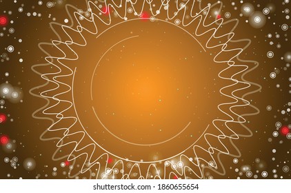 Quadratischer abstrakter futuristischer Rahmen aus weißen technologischen Kreisen, Bögen und Kurven. Einige Punkte sind rot. Vektorgrafik auf orangefarbenem Hintergrund mit Sternen