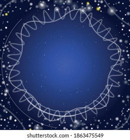 Square abstract futuristic frame of white technological circles, arcs and curves. Some dots is yellow. Vector illustration on indigo background with stars