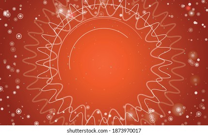 Square abstract futuristic frame of white technological circles, arcs and curves. Some dots is red. Vector illustration on deep orange background with stars
