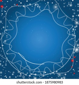 Marco abstracto cuadrado futurista de círculos tecnológicos blancos, arcos y curvas. Algunos puntos son rojos. Ilustración vectorial sobre fondo azul con estrellas