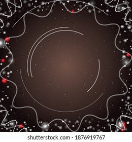 Square abstract futuristic frame of white technological circles, arcs and curves. Some dots is red. Vector illustration on brown background with stars