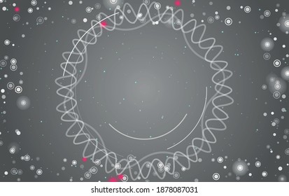 Square abstract futuristic frame of white technological circles, arcs and curves. Some dots is pink. Vector illustration on grey background with stars