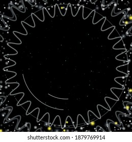 Marco abstracto cuadrado futurista de círculos tecnológicos blancos, arcos y curvas. Algunos puntos son amarillos. Ilustración vectorial sobre fondo negro con estrellas