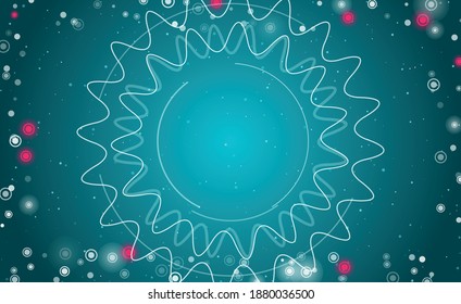Square abstract futuristic frame of white technological circles, arcs and curves. Some dots is pink. Vector illustration on cyan background with stars