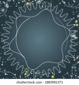 Square abstract futuristic frame of white technological circles, arcs and curves. Some dots is yellow. Vector illustration on blue grey background with stars