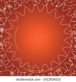 Quadratischer abstrakter futuristischer Rahmen aus weißen technologischen Kreisen, Bögen und Kurven. Einige Punkte sind rot. Vektorgrafik auf tieforangefarbenem Hintergrund mit Sternen