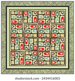 Square Abstract geometric shape retro style print placement scarf, beautiful tradition shape colorful motif print, bold lines border. vector file format best for paper and textile printing,