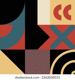 Square abstract geometric vector design. Circles, squares and stripes. Contemporary, modern vector Illustrations. Bauhaus style, blue, red, yellow, black. Use for cards, posters, covers, branding etc